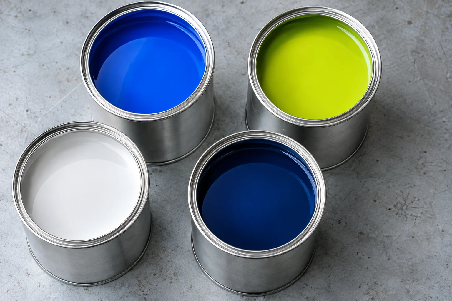 Sfeerbeeld van verfbussen met blauwe, groene en witte verf